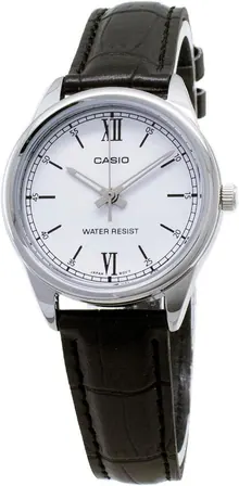 Casio LTP-V005L-7A Women's Standard Analog Black Leather Band Silver Dial Watch