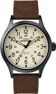 Timex Men's Expedition Scout 40mm Watch – Cream Dial Black Case & Brown Leather Strap