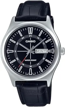 Casio MTP-V006L-1C Men's Leather Band 24 Hour Black Index Dial Day Date 3-Hand Analog Watch