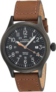 Timex Men's Expedition Scout 40mm Watch – Black Case Black Dial with Brown Leather Strap