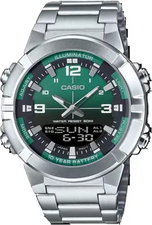 Casio AMW870DA-3AV Men's Stainless Steel Green Dial Analog Digital Dual Time Zone Watch