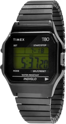 Timex T80 34mm Watch – Black with Stainless Steel Expansion Band