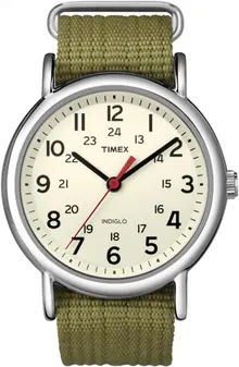 Timex Unisex Weekender 38mm Watch – Silver-Tone Case Cream Dial with Olive Fabric Slip-Thru Strap