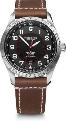 Victorinox Airboss Mechanical Automatic Watch with Black Dial and Brown Leather Strap