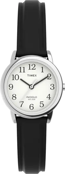 Timex Women's Easy Reader 25mm Watch – Silver-Tone Case White Dial with Black Leather Strap