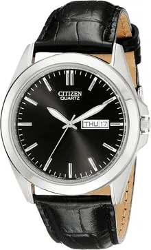 Citizen Quartz Men's Watch, Stainless Steel with Leather Strap, Casual, Black