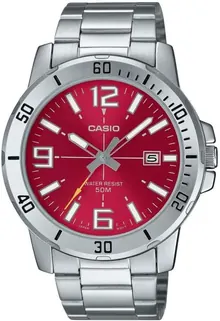 Casio Gents Watch Red Dial Silver Band