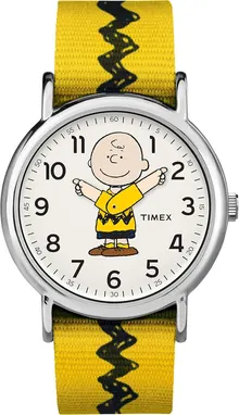 TIMEX Unisex TW2R41100 Weekender 38mm Peanuts Charlie Brown Nylon Slip-Thru Strap Watch