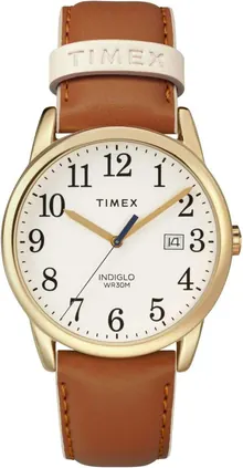 Timex Women's Easy Reader 38mm Watch – Gold-Tone Case Cream Dial with Brown & Pink Leather Strap