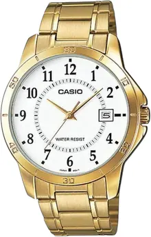 Casio #MTP-V004G-7B Men's Standard Gold Tone Stainless Steel White Dial Date Watch