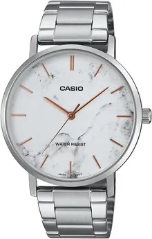 Casio MTP-VT01DM-7A Men's Stainless Steel Minimalistic White Marbled Dial 3-Hand Analog Watch