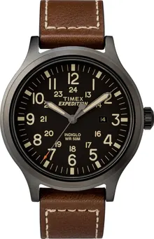 Timex Men's Expedition Scout 43mm Watch – Black Dial & Case with Brown Leather Strap