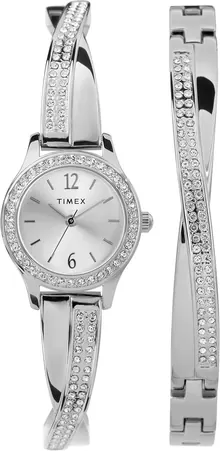 Timex Women's Dress Crystal 23mm Watch & Bracelet Gift Set – Silver-Tone