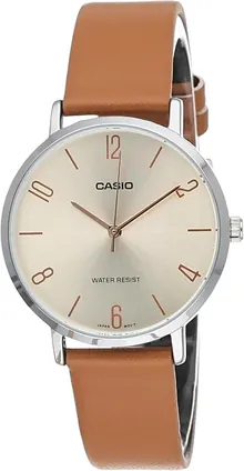 Casio LTP-VT01L-5B Women's Minimalistic Beige Dial Brown Leather Band Analog Watch