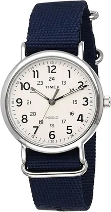 Timex Men's Weekender 40mm Watch – Silver-Tone Case Cream Dial with Blue Fabric Slip-Thru Strap