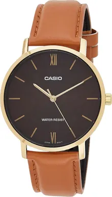 Casio MTP-VT01GL-5B Men's Minimalistic Gold Tone Brown Leather Band Burgundy Dial 3-Hand Analog Watch