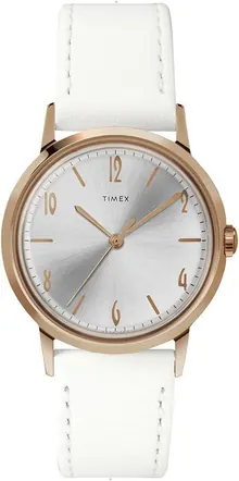 Timex 34 mm Marlin Mechanical Rose Gold Case Silver Dial White Leather Watch