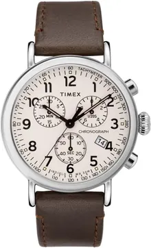 Timex Men's Standard Chronograph 41mm Watch – Silver-Tone Case Cream Dial with Brown Genuine Leather Strap