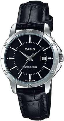 Casio LTP-V004L-1A Women's Silver Tone Leather Band Black Dial Date Dress Watch