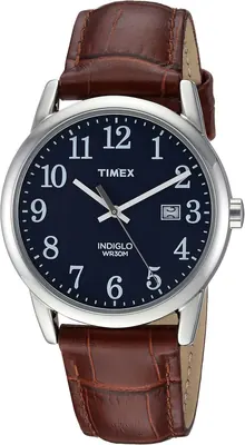 Timex Men's Easy Reader 38mm Watch – Silver-Tone Case Blue Dial with Brown Croco Leather Strap