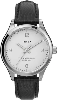 Timex Women's Waterbury Traditional 34mm Watch – Silver-Tone Case White Dial with Black Leather Strap