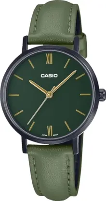 Casio LTP-VT02BL-3A Women's Minimalistic Black IP Green Dial Leather Band Watch