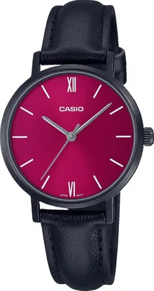 Casio LTP-VT02BL-4A Women's Minimalistic Black IP Red Dial Leather Band Watch