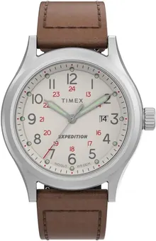 Timex Men's Expedition Sierra 41mm Watch – Natural Dial Stainless Steel Case with Brown Genuine Leather Strap