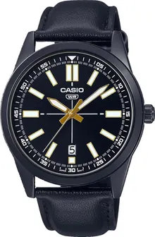 Casio MTP-VD02BL-1E Men's Black IP Black Dial Leather Band 3-Hand Analog Watch