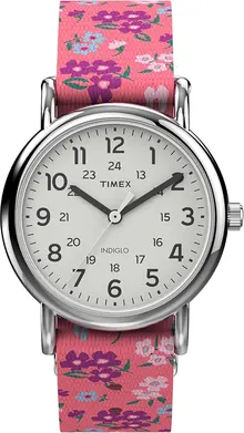 Timex Women's Weekender 31mm Watch - Silver-Tone Case Pink Fabric Strap White Dial