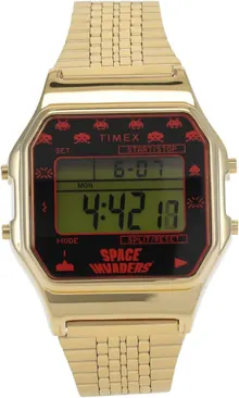 Timex T80 x Space Invaders 34mm Watch – Gold-Tone with Stainless Steel Bracelet