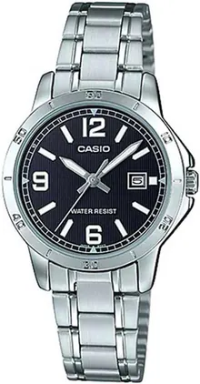 Casio Watch, Silver/Black, Casual - Women's Stainless Steel Timepiece