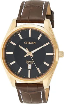 Citizen Quartz Men's Watch, Stainless Steel with Leather Strap, Casual, Brown