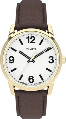 Timex Men's Easy Reader Bold 38mm Watch – Gold-Tone Case White Dial with Brown Leather Strap