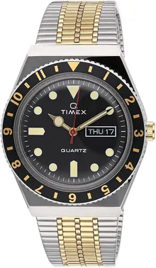 Timex Q Men's 38mm Watch – Two-Tone Case Black Dial & Top Ring