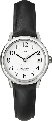 Timex Women's Easy Reader 25mm Watch – Silver-Tone Case White Dial with Black Leather Strap