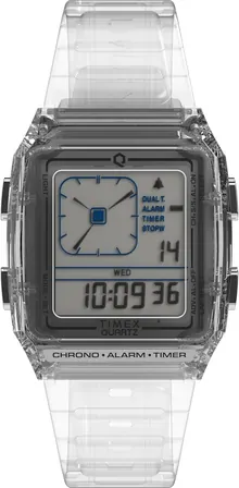 Timex Unisex Q LCA 35mm Watch - Clear Strap Digital Dial Clear Case