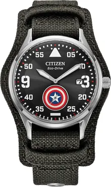 Citizen Men's Eco-Drive Marvel, Captain America Dark Gray Stainless Steel Nylon Strap Watch (BV1140-00W)