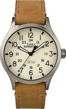 Timex Men's Expedition Scout 40mm Watch – Gray Case Cream Dial with Tan Leather Strap