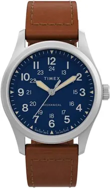 Timex Men's Expedition North Field Post Mechanical 38mm Watch – Blue Dial Stainless Steel Case with Brown Ecco DriTan Leather Strap