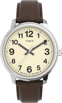 Timex Men's Easy Reader Bold 43mm Watch – Silver-Tone Case with Brown Leather Strap