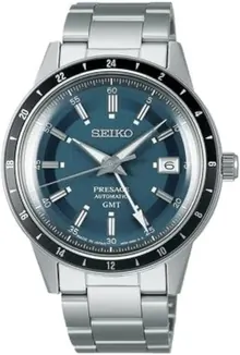 SEIKO Men's Blue Dial Silver Stainless Steel Band Presage Automatic GMT Analog Watch, SSK009