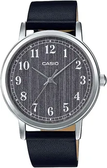 Casio MTP-E145L-1B Men's Minimalist Grey Wood Pattern Dial Leather Band Analog Watch