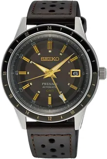 SEIKO Men's Satin Black Dial Brown Grained Leather Band Presage Automatic GMT Analog Watch