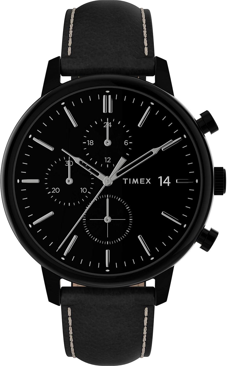 Timex Men's Chicago Chronograph 45mm Watch – Black Dial & Leather Strap