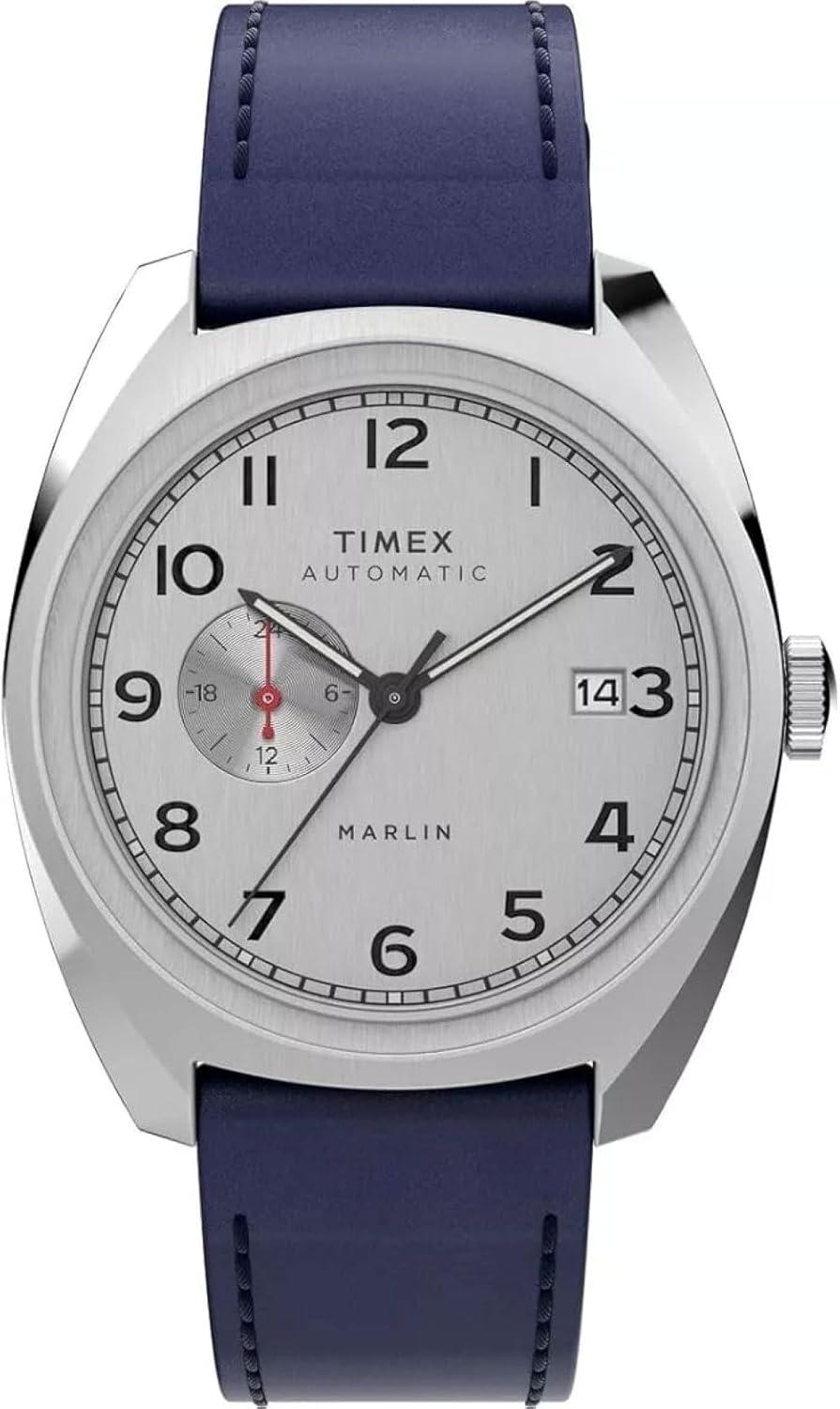 Timex Marlin Automatic Watch Silver Dial Blue Leather Band TW2V61900