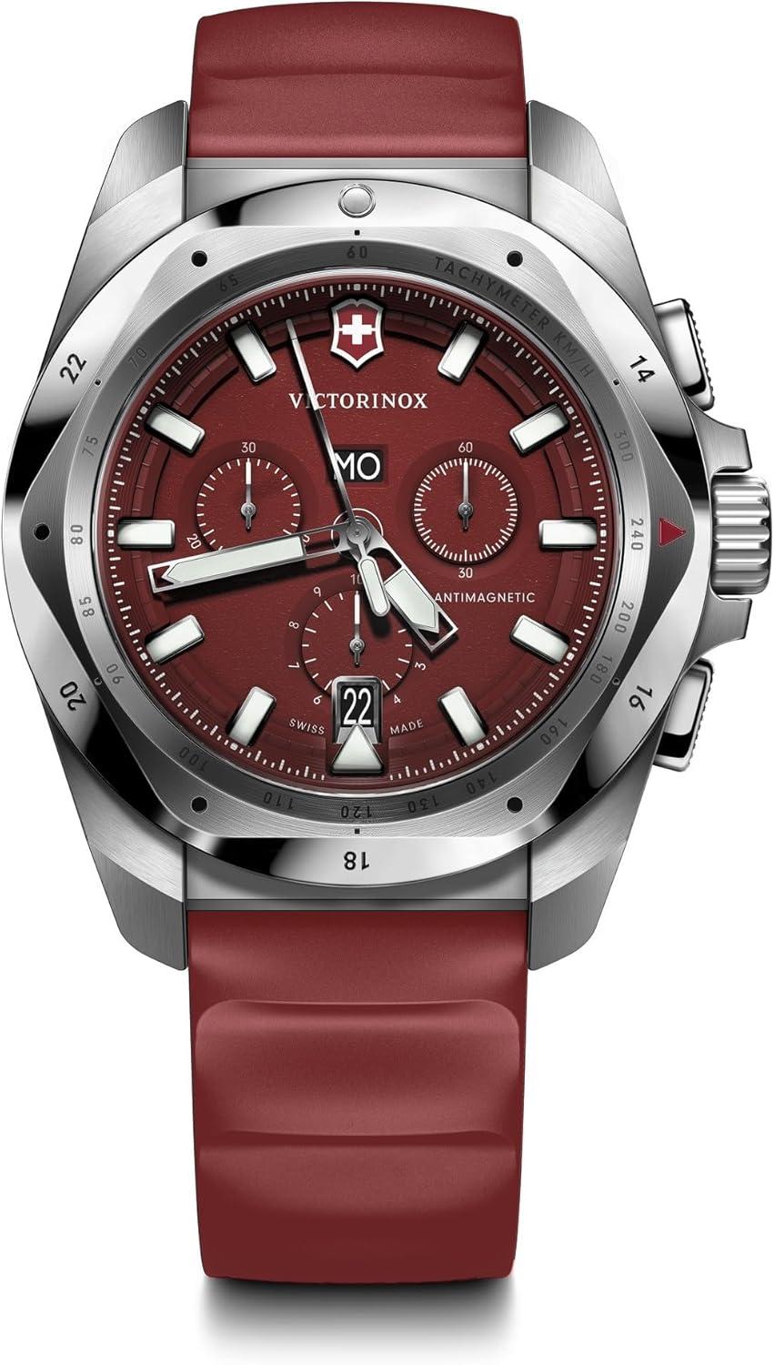Victorinox I.N.O.X. Chrono 43mm Men's Watch - Silver Stainless Steel Case, Red Dial, and Red Rubber Strap