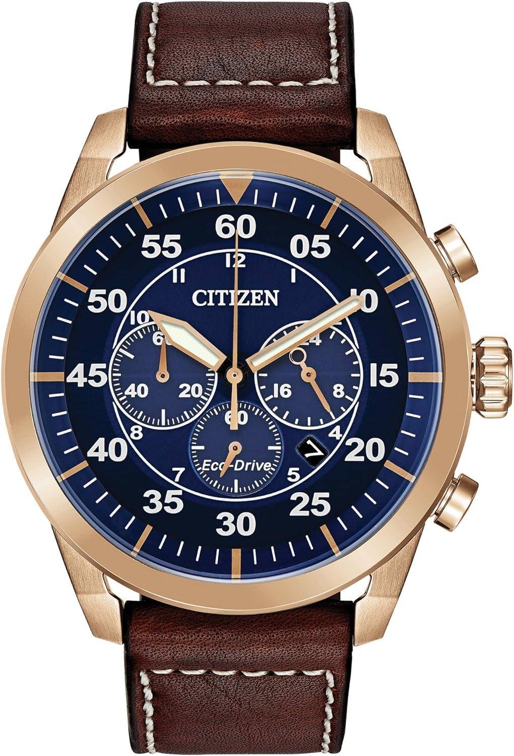 Citizen Men's Eco-Drive Weekender Avion Rose Gold Stainless Steel Chronograph Watch with Brown Leather Strap, Blue Dial