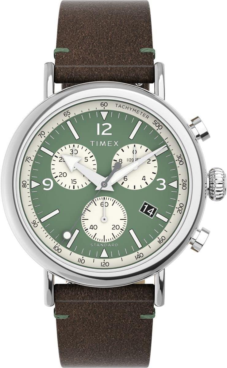 Timex Men's Standard Chronograph 41mm Watch - Brown Strap Green Dial Silver-Tone Case
