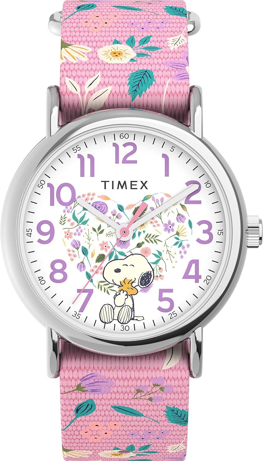 Timex X Peanuts in Bloom Women's Weekender 38mm Watch - Pink Strap White Dial Silver-Tone Case